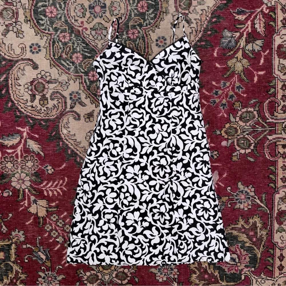 Ann Taylor Damask Sundress Women 4P Black White Excellent Lace Trim Cotton